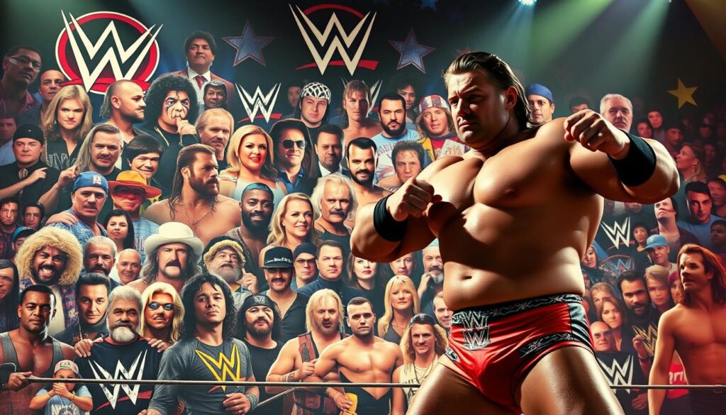 A captivating scene of iconic wrestlers' enduring impact on pop culture. In the foreground, a dynamic, larger-than-life wrestler strikes a powerful pose, their muscular physique and dramatic costume commanding attention. In the middle ground, a collage of recognizable wrestling personalities, from past legends to present-day superstars, each with their own unique style and persona. The background is a vibrant tapestry of vivid colors, iconic wrestling logos, and symbolic imagery, creating a sense of energy and spectacle. Dramatic lighting casts dramatic shadows, evoking the intensity and showmanship of the wrestling world. The overall composition conveys the profound and lasting influence of these legendary performers on the broader cultural landscape.