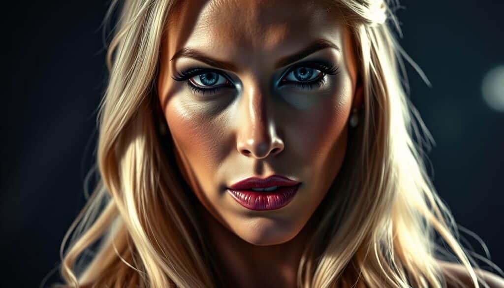 A glamorous close-up portrait of Charlotte Flair, the renowned professional wrestler. Her striking features are illuminated by dramatic, theatrical lighting, casting deep shadows that accentuate her chiseled jawline and piercing blue eyes. Her long, golden hair cascades elegantly around her face, framing her confident, determined expression. The image conveys a sense of power, poise, and the sheer force of Flair's commanding presence in the ring. The background is blurred, keeping the focus solely on the wrestler's captivating visage, a true embodiment of the modern icon she has become in the evolution of women's wrestling.
