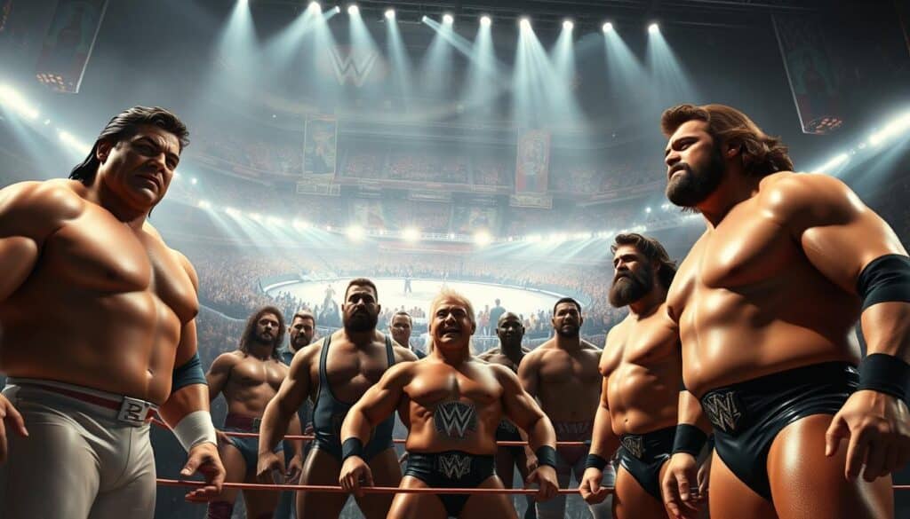 A grand, majestic scene of wrestling icons whose legacies have shaped the sport. In the foreground, larger-than-life figures of legendary wrestlers stand tall, their muscular physiques and fierce expressions radiating power and determination. The middle ground features a swirling backdrop of iconic moves and signature poses, capturing the dynamism and athleticism of the sport. In the distant background, a collage of historic wrestling venues and championship belts creates a sense of the grand stage upon which these icons have left their indelible mark. Dramatic lighting casts dramatic shadows, conveying the gravity and significance of their lasting impact on the cultural landscape of professional wrestling.