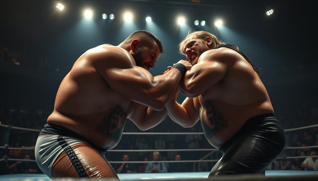 A gritty, high-intensity wrestling match in a dimly lit arena. In the foreground, two larger-than-life WWC legends grapple fiercely, their muscles straining, sweat glistening under harsh spotlights. The background is a blurred sea of spectators, their faces a mix of awe and excitement. The scene is bathed in dramatic shadows and highlights, creating a sense of raw, visceral power. The camera angle is low, capturing the action from an immersive, up-close perspective that puts the viewer right in the heart of the brutal encounter.