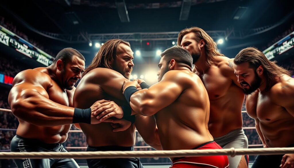 A group of imposing, muscular wrestlers in the foreground, showcasing their athleticism and intensity. They are in dynamic action poses, locked in fierce grappling maneuvers, sweat glistening on their bodies. In the middle ground, the wrestling ring is illuminated by dramatic, cinematic lighting, creating a sense of drama and excitement. The background is blurred, suggesting a packed arena with cheering fans, capturing the electric atmosphere of a high-stakes wrestling event. The overall scene conveys the raw power, skill, and rising star potential of the next generation of professional wrestling talent.