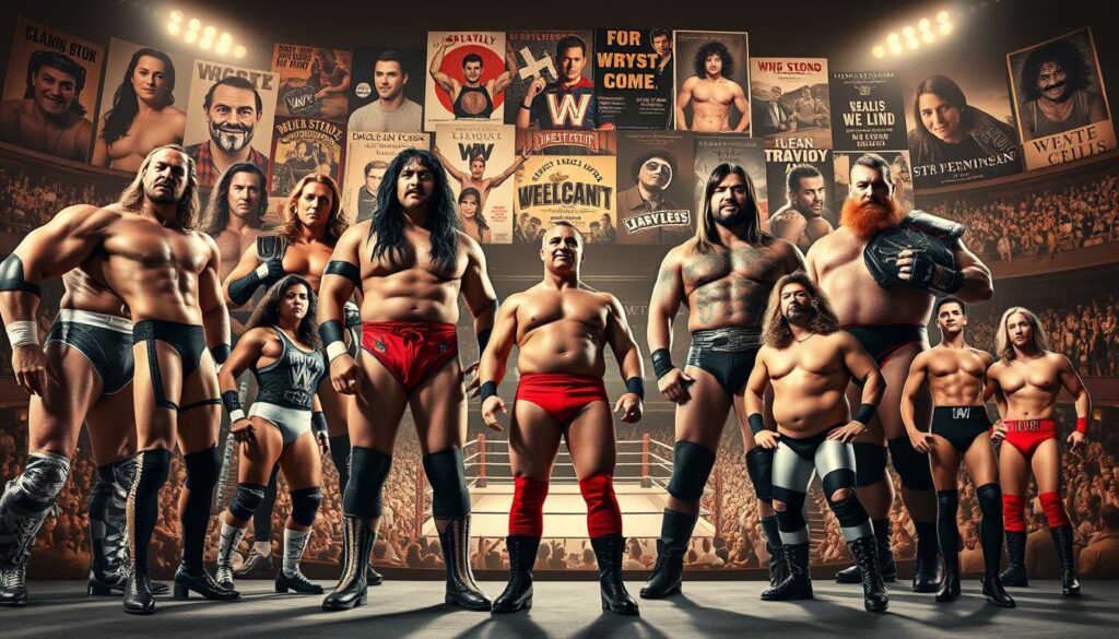 A historical collage showcasing the evolution of iconic wrestling gimmicks and personas. In the foreground, larger-than-life characters from different eras stand tall, their unique costumes and iconic poses capturing the theatrical essence of professional wrestling. In the middle ground, a dynamic montage of vintage wrestling posters, program covers, and candid backstage shots provide historical context. The background features a sepia-toned tapestry of wrestling rings, arenas, and cheering crowds, evoking a sense of timeless tradition. Dramatic lighting casts dramatic shadows, emphasizing the dramatic, cinematic nature of these unforgettable characters. Captured with a wide-angle lens to convey a sense of grand scale and epic storytelling.