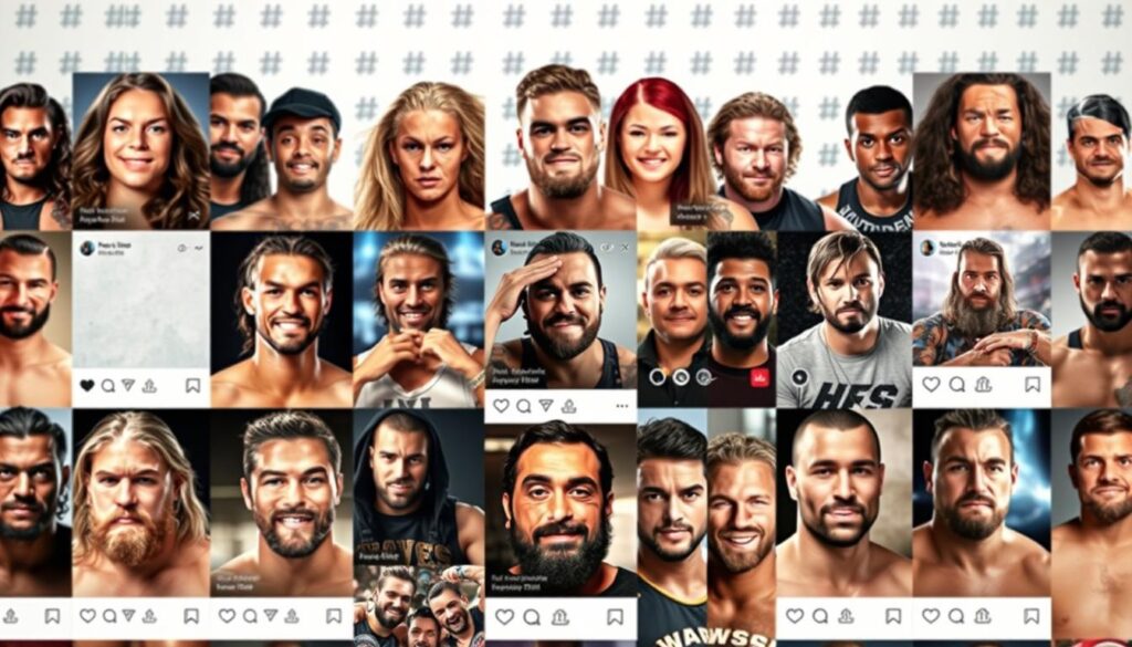 A lively social media feed showcasing a diverse array of wrestling prospects, captured with a crisp, high-resolution camera. The foreground features a dynamic collage of headshots, action poses, and candid moments, conveying the individual personalities and charisma of these rising stars. The middle ground showcases their active engagement with fans through interactive posts, live streams, and video content. In the background, a subtle pattern of hashtags, likes, and share icons creates a visually striking backdrop, reflecting the amplified digital presence of these promising talents.