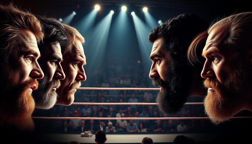 A striking, high-resolution image showcasing the iconic profiles of legendary wrestlers. The foreground features larger-than-life portraits of five revered grapplers, their expressions reflecting the fierce determination and raw power that defined their careers. The middle ground showcases a dynamic wrestling ring, bathed in dramatic lighting that casts dramatic shadows. In the background, a crowd of adoring fans cheers on the action, their silhouettes blurred to focus attention on the central figures. The overall mood is one of reverence and historical significance, capturing the profound impact these wrestlers had on the sport and its enduring cultural legacy.