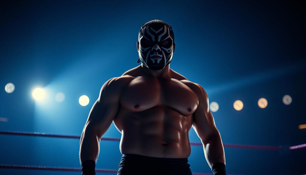 A wrestler stands in a dimly lit ring, their face obscured by a bold, stylized mask. The flickering lights cast dramatic shadows, accentuating the wrestler's powerful, muscular physique. In the background, a swirling, abstract pattern of lines and shapes evokes the dynamic energy of the sport. The wrestler's stance is authoritative, their body language exuding a fierce, intimidating presence. The overall scene conveys the essence of a wrestler's persona creation - a blend of visual storytelling, physicality, and the transformative power of character.