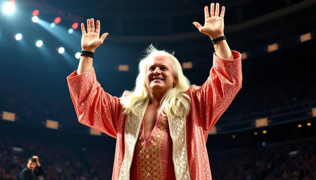 Ric Flair, the legendary "Nature Boy," stands tall in a grand arena, his iconic blond hair flowing majestically. Clad in his signature sequined robe, he raises his arms in a triumphant "Woo!" gesture, his face etched with the sheer exhilaration of his wrestling legacy. Dramatic lighting casts dramatic shadows, accentuating the power and charisma of this larger-than-life figure. In the background, the audience is a blur of energy, their cheers and adulation fueling Flair's iconic persona. The scene captures the essence of Ric Flair's defining moments, a true icon of professional wrestling whose "Woo!" has echoed through the ages.