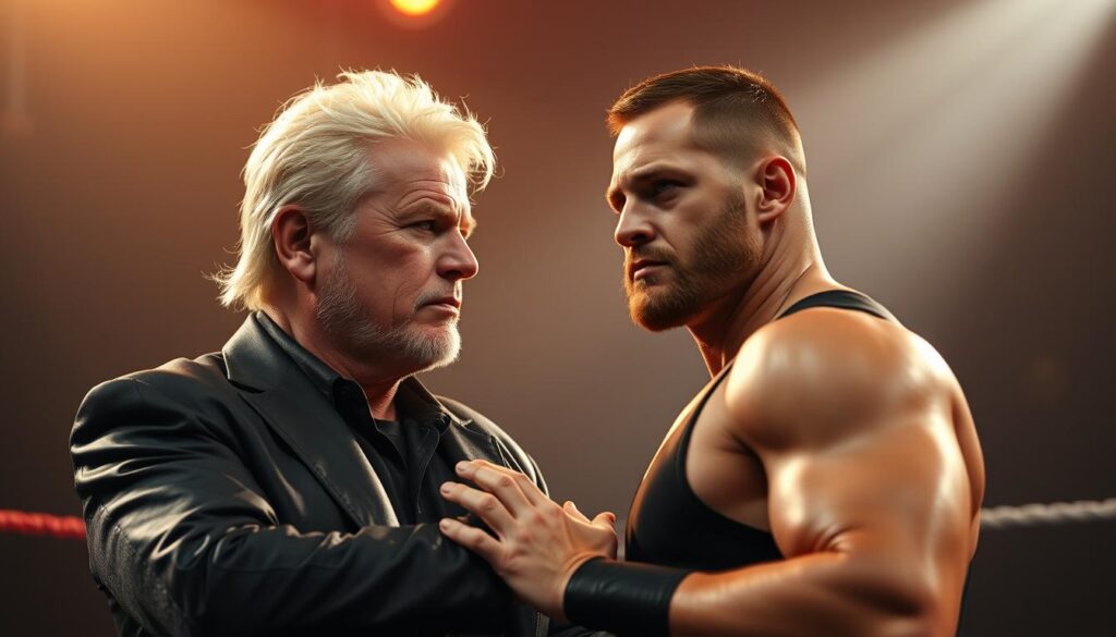 a hyper-realistic, cinematic, close-up shot of two legendary wrestlers, one older and one younger, standing side by side in a dimly lit wrestling ring, their faces illuminated by a warm, dramatic spotlight. The elder wrestler, with his iconic blonde hair and charismatic presence, is placing his hand on the shoulder of the younger wrestler, a rising star, conveying a sense of mentorship, legacy, and the passing of the torch. The background is hazy and out of focus, emphasizing the central figures and the profound connection between them. The scene exudes a palpable sense of respect, admiration, and the profound impact of the older wrestler's influence on the younger generation.