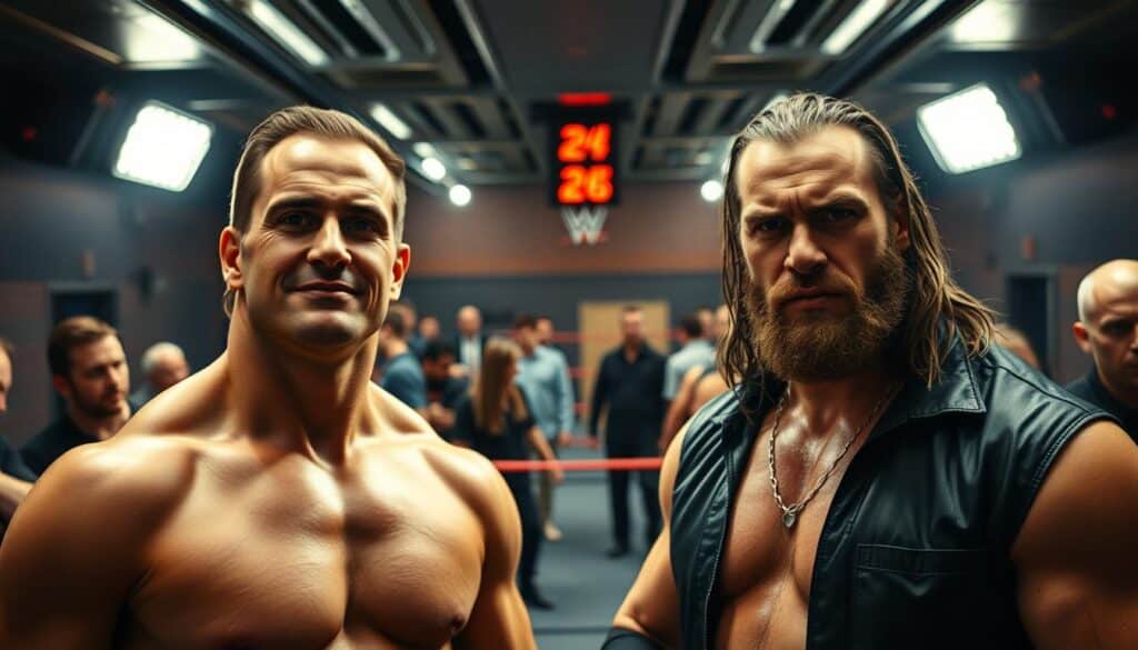 A backstage scene at a professional wrestling event, capturing the duality of wrestlers' public and private personas. In the foreground, two wrestlers stand in contrasting poses - one with a warm, friendly expression, the other with a stern, intimidating glare. Subtle details like their body language and facial expressions convey their true off-screen personalities, breaking the kayfabe of their on-screen characters. The middle ground features a backdrop of the bustling backstage area, with crew members and other wrestlers moving about, creating a sense of energy and activity. The lighting is a mix of warm, natural tones and harsher, more dramatic shadows, heightening the atmospheric tension. The overall composition and mood suggest the complex and sometimes-scandalous nature of the wrestling industry, where the public facade often masks a more complex and multifaceted reality.