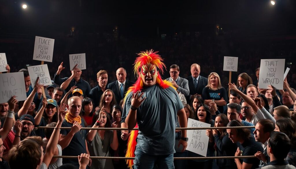 A chaotic and confrontational scene of angry wrestling fans and industry insiders engaged in a heated backlash against an unpopular wrestling gimmick. In the foreground, a crowd of diverse fans - some wielding protest signs and others shouting in outrage - stand defiantly before a bewildered wrestler in garish, over-the-top costume. In the middle ground, behind the fans, a panel of stern-faced wrestling executives and promoters appear to be in a tense discussion. The background is a dimly lit arena, with the stands shrouded in shadow, suggesting the intense and divisive nature of the controversy. The lighting is dramatic, with harsh shadows and highlights, creating a tense, ominous atmosphere. The overall composition conveys the sense of a passionate, turbulent clash between talent, management, and a passionate fanbase.
