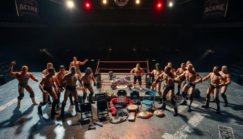 A collection of vintage wrestling action figures posed dynamically on a gritty, textured surface. In the foreground, a diverse array of wrestlers in dramatic grappling poses, their muscular bodies casting dramatic shadows. In the middle ground, a scattered assortment of accessories and props like championship belts, folding chairs, and turnbuckles. The background features a shadowy, arena-like setting with moody, theatrical lighting casting an intense, electrifying atmosphere. The figures are rendered in vivid detail, capturing the essence of classic wrestling entertainment through the evolution of this iconic merchandise.