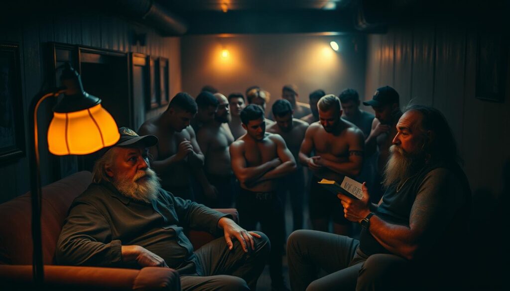 A dimly lit backstage area, wrestlers milling about, sharing stories and anecdotes. In the foreground, two grizzled veterans sit on a worn couch, deep in conversation, their weathered faces illuminated by the warm glow of a vintage floor lamp. In the middle ground, a group of younger wrestlers huddle around, listening intently, their expressions a mix of awe and curiosity. The background is a hazy blur of activity, shadows and movement, hinting at the bustling energy of the backstage world. The scene is captured with a vintage, documentary-style lens, lending a sense of authenticity and intimacy to the moment.