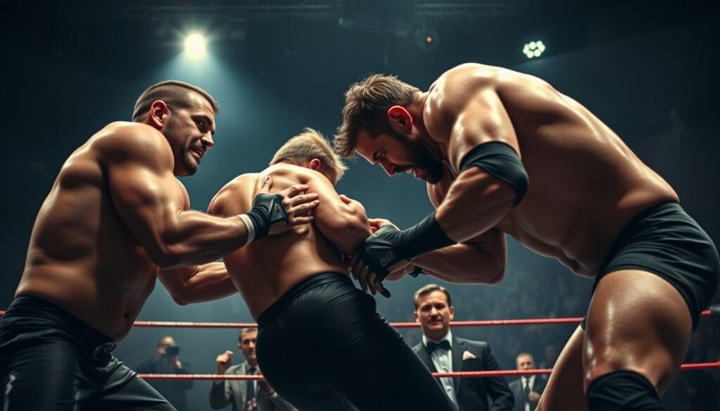 A dramatic overhead spotlight illuminates two rising wrestling stars in an intense grappling match, their muscular bodies twisting and straining against each other. The foreground is a tightly framed action shot, capturing the tension and struggle of the bout. In the middle ground, their managers and promoters watch intently, faces etched with both excitement and concern, reflecting the high stakes and potential business impact of this match. The background is hazy, suggesting the chaotic energy and scrutiny of the wrestling arena. The lighting is dramatic, with deep shadows and highlights accentuating the dynamic movement and power of the wrestlers. The overall mood is one of high-stakes conflict, where the future of these performers and their careers hangs in the balance.
