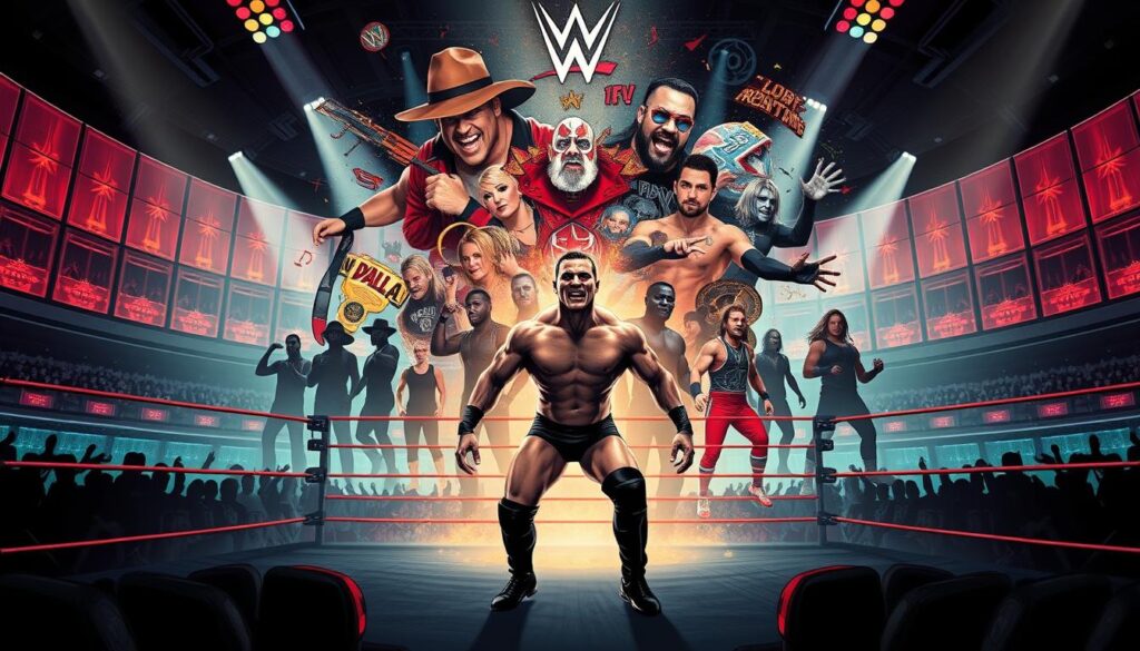 A dynamic, multi-layered illustration showcasing the evolution of wrestling entrance music. In the foreground, a powerful wrestler enters the ring, surrounded by a swirling vortex of iconic wrestling themes - from the heavy metal riffs of the 80s to the electronic beats of the modern era. In the middle ground, silhouettes of legendary wrestlers past and present emerge, each with their own distinct musical signatures. The background depicts a retro-futuristic arena, with neon-lit panels and a sense of grandeur, capturing the larger-than-life essence of the sport. The overall scene is bathed in dramatic lighting, casting dynamic shadows and highlights that accentuate the cinematic, high-energy atmosphere of the wrestling experience.