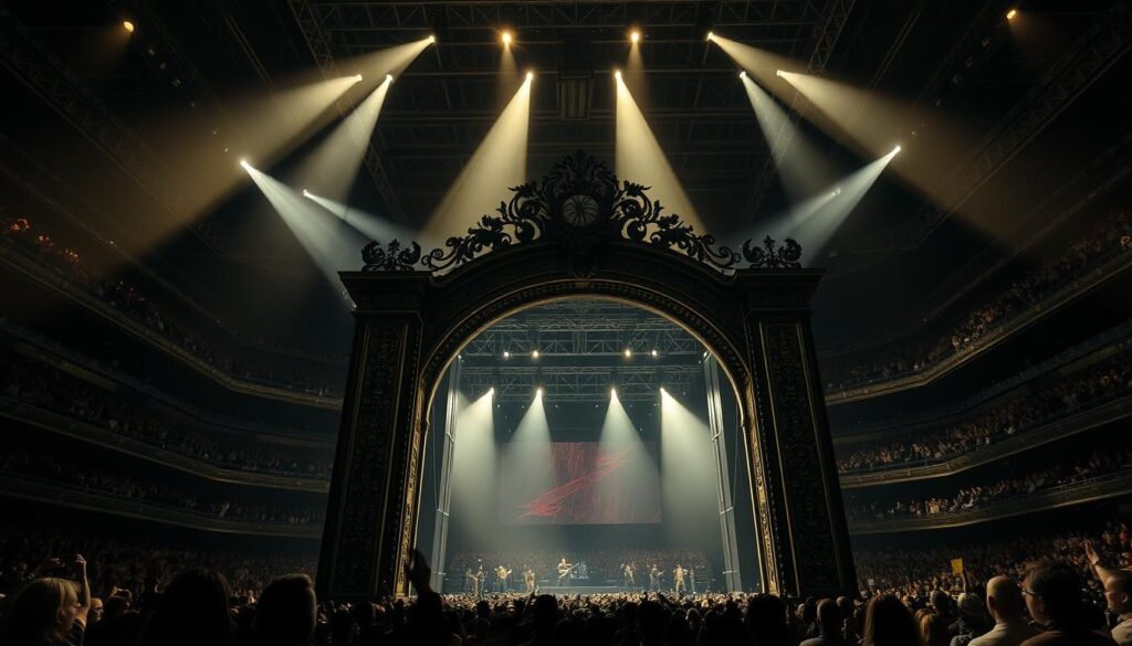 A grand, dimly lit arena with a towering stage in the center. Spotlights shine down, casting dramatic shadows and highlights across the stage. In the foreground, a massive, ornate archway frames the entrance, its ornate metalwork and intricate carvings evoking a sense of grandeur and excitement. The background is filled with a sea of cheering fans, their silhouettes visible in the shadows, creating an electrifying atmosphere. The overall mood is one of anticipation and awe, as if a legendary performer is about to take the stage and captivate the audience with their custom entrance music.