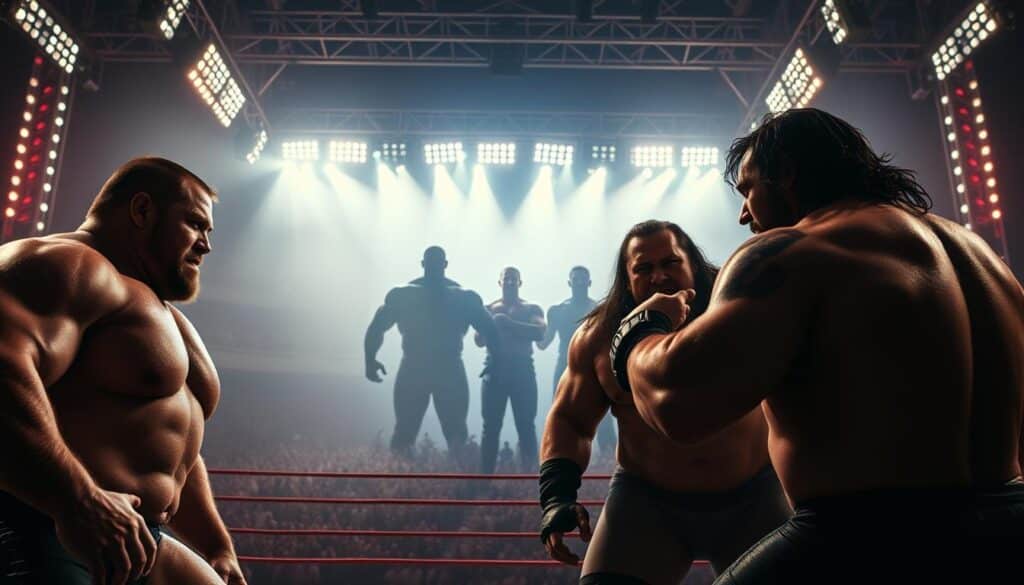 A grand stage set against a backdrop of towering arena lights, showcasing legendary wrestlers whose impact has transcended the confines of the ring. In the foreground, hulking figures locked in epic battles, their eyes ablaze with the intensity of their dual personas - the public persona and the private self. Shadowy silhouettes of past champions loom in the middle ground, their legacies imbuing the scene with a sense of timeless gravitas. Cinematic lighting casts dramatic shadows, heightening the sense of drama and the weight of their historic contributions to the sport. The atmosphere is one of reverence and awe, capturing the duality of these athletes who have captivated audiences worldwide.