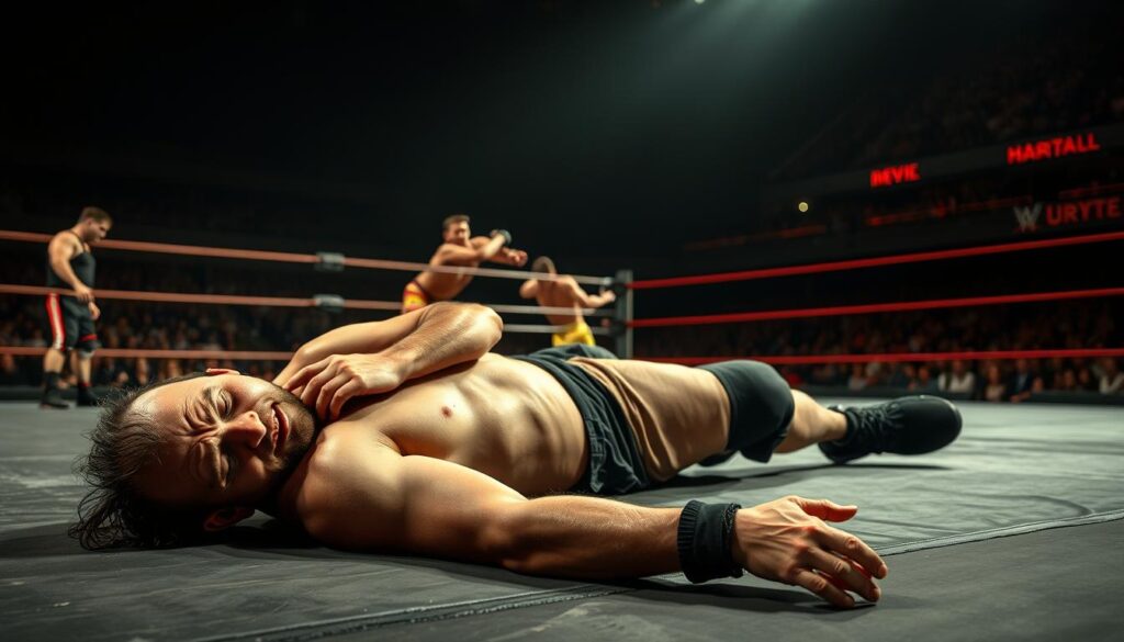 A gritty, realistic scene of professional wrestlers suffering from the harsh realities of their sport. In the foreground, a wrestler lies on the mat, clutching their aching body, their face contorted in pain. The middle ground features other wrestlers engaged in a brutal match, their bodies colliding with intense force. In the background, a dimly lit arena filled with the hushed, uneasy silence of the audience, a stark contrast to the roar of the crowd during a typical event. The lighting is harsh, casting deep shadows that accentuate the wrestlers' exhaustion and injuries. The overall atmosphere conveys the physical toll and misconceptions about the true dangers faced by these athletes.