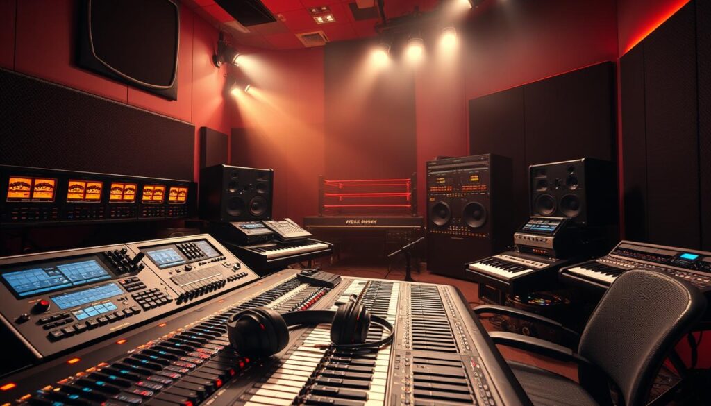 A recording studio filled with modern music production equipment - sleek mixing consoles, state-of-the-art synthesizers, and rows of glowing LED meters. The room is bathed in a warm, atmospheric lighting, creating a moody, creative ambiance. A pair of professional headphones rests on the console, waiting for the producer to dive back into their work. In the background, a massive, thunderous speaker stack dominates the space, hinting at the epic, arena-filling sound that will emanate from it. The overall scene conveys the high-tech, high-energy world of contemporary wrestling music, where cutting-edge production values meet the raw power of the sport.