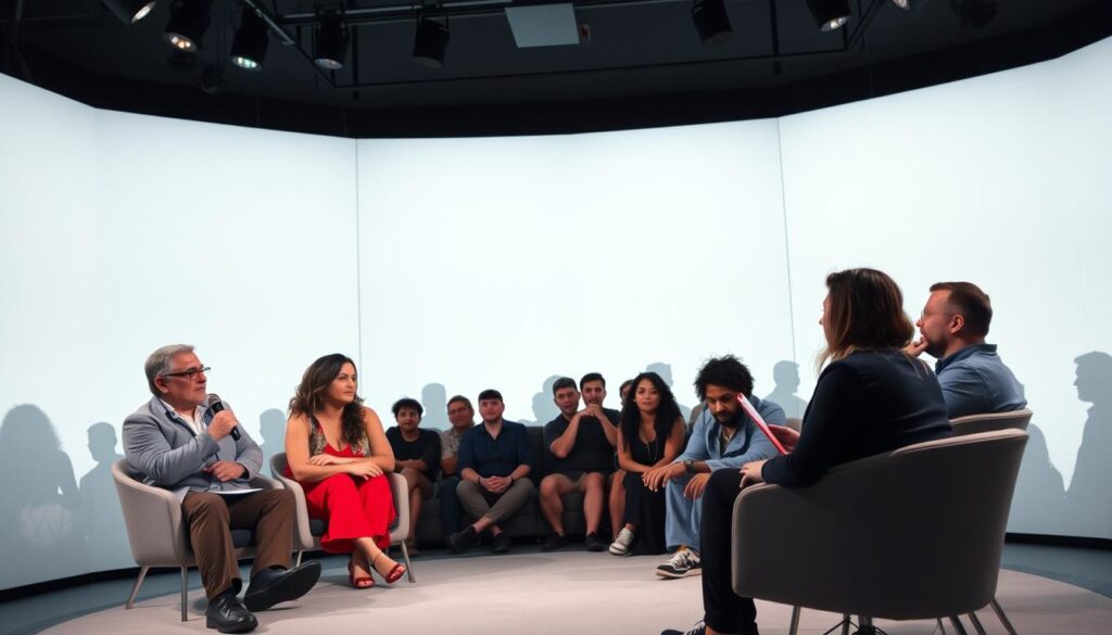 A serene, well-lit studio setting with a minimalist backdrop, showcasing a lively Q&A session about the intriguing world of professional wrestling. In the foreground, a panel of diverse wrestling experts engaged in a thoughtful discussion, their expressions animated as they share insights and debunk prevalent myths. The middle ground features an attentive audience, their faces lit with curiosity, eagerly soaking in the informative dialogue. The background subtly hints at the dynamic energy of the sport, with faint silhouettes of wrestlers in action, creating a sense of the sport's rich history and spectacle. The overall mood is one of intellectual discourse and a genuine passion for the art of wrestling.