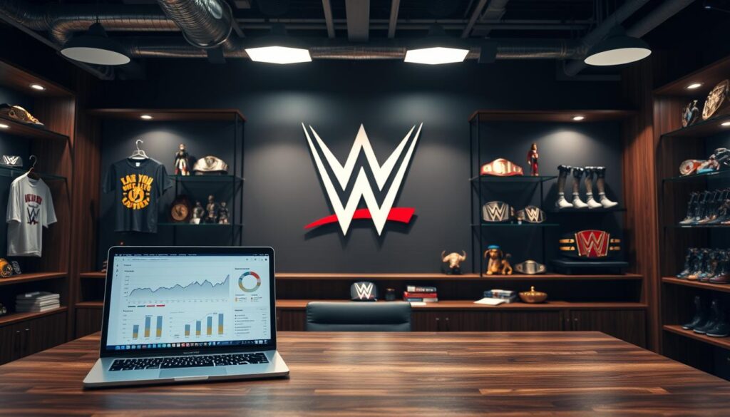 A sleek, modern office interior with a polished wooden desk, shelves displaying wrestling merchandise - t-shirts, action figures, championship belts. Overhead, industrial-style lighting casts a warm glow, highlighting the vibrant colors and intricate designs of the products. In the foreground, a laptop displays sales charts and analytics, while a stylized wrestling logo dominates the wall behind the desk. The scene conveys a sense of strategic planning, innovation, and the business savvy required to capitalize on the lucrative world of wrestling merchandising.