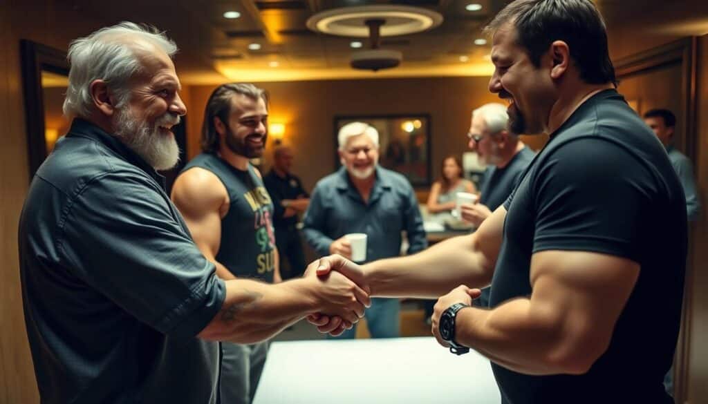 Backstage at a wrestling arena, a group of legendary wrestlers engage in cordial, good-natured interactions. In the foreground, two veteran champions shake hands firmly, faces alight with genuine smiles. In the middle ground, a younger wrestler chats animatedly with an elder, their body language open and warm. The background reveals a cozy, dimly lit lounge, where other wrestlers sip coffee and converse casually, exuding an atmosphere of camaraderie and mutual respect. Soft, golden lighting casts a welcoming glow, while the camera's wide angle lens captures the intimate, behind-the-scenes moment of these renowned athletes showcasing their kindness and professionalism.