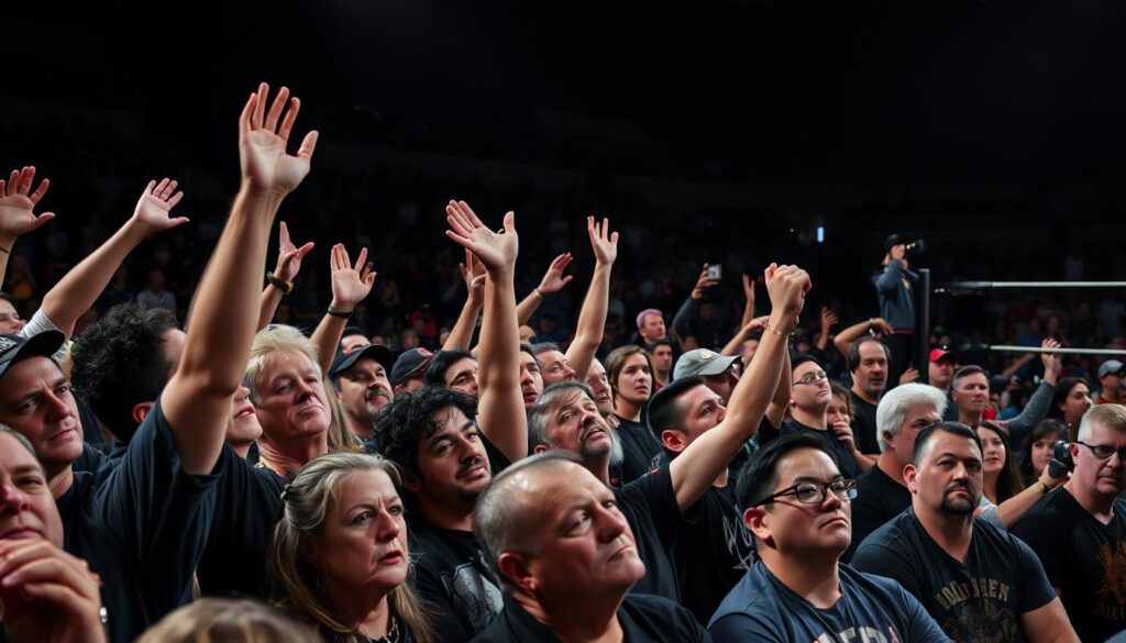 A crowded arena filled with wrestling fans, their faces alight with a range of emotions - exhilaration, disbelief, outrage. In the foreground, a group of spectators erupt in thunderous cheers, arms raised high, as they witness an unexpected plot twist unfolding in the ring. In the middle ground, others lean forward, brows furrowed, debating the merits of the wrestlers' moves and strategies. Towards the back, a few fans shake their heads in disapproval, their expressions conveying a sense of disappointment or disagreement. Dramatic lighting casts dramatic shadows, heightening the intensity of the scene, while the camera captures the energy and passion of the moment from a dynamic, off-center angle.