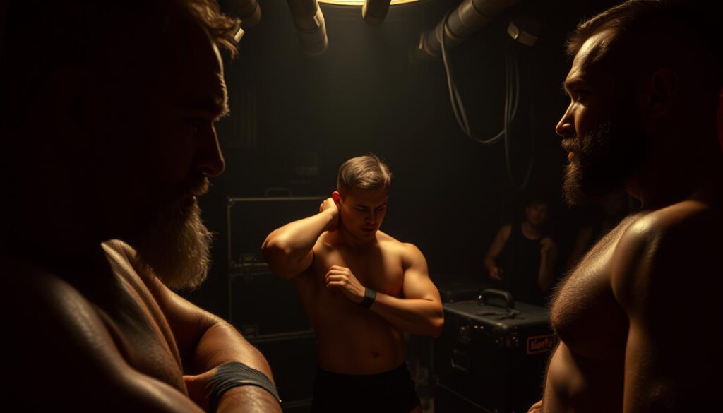 A dimly lit backstage area, wrestlers' profiles illuminated by soft, warm lighting. The scene captures the quiet, intimate moments before the roar of the crowd. In the foreground, a veteran grappler stretches, his weathered face reflecting the dedication and sacrifice of his craft. In the middle ground, a younger up-and-coming star adjusts his gear, the determination in his eyes hinting at the fierce competitiveness that drives him. The background is a maze of equipment cases, cables, and shadowy figures, creating a sense of the bustling, high-stakes world of professional wrestling. The overall atmosphere is one of anticipation, focus, and the timeless camaraderie that binds this unique community of athletes and entertainers.