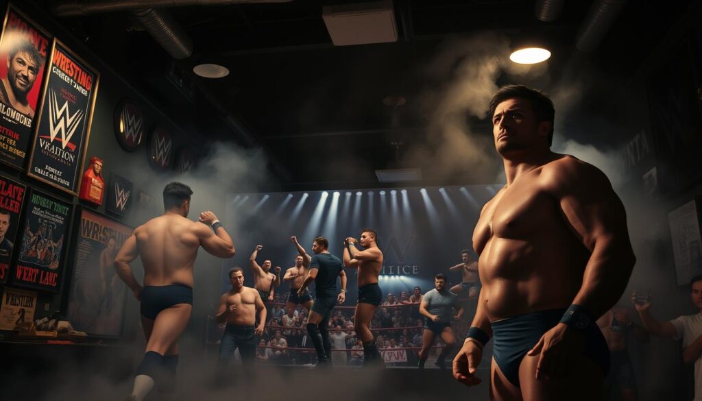 A dimly lit room, the walls adorned with wrestling memorabilia and vintage posters. In the foreground, three larger-than-life profiles of legendary wrestlers stand tall, their muscular physiques and intense gazes commanding attention. The middle ground features a collection of iconic wrestling moves and signature poses, captured in dynamic, cinematic lighting. In the background, a swirling mist creates an atmospheric, dreamlike quality, hinting at the power and legacy of these wrestling icons. The image conveys a sense of reverence and awe, highlighting the enduring impact of these legendary performers on the sport of wrestling.