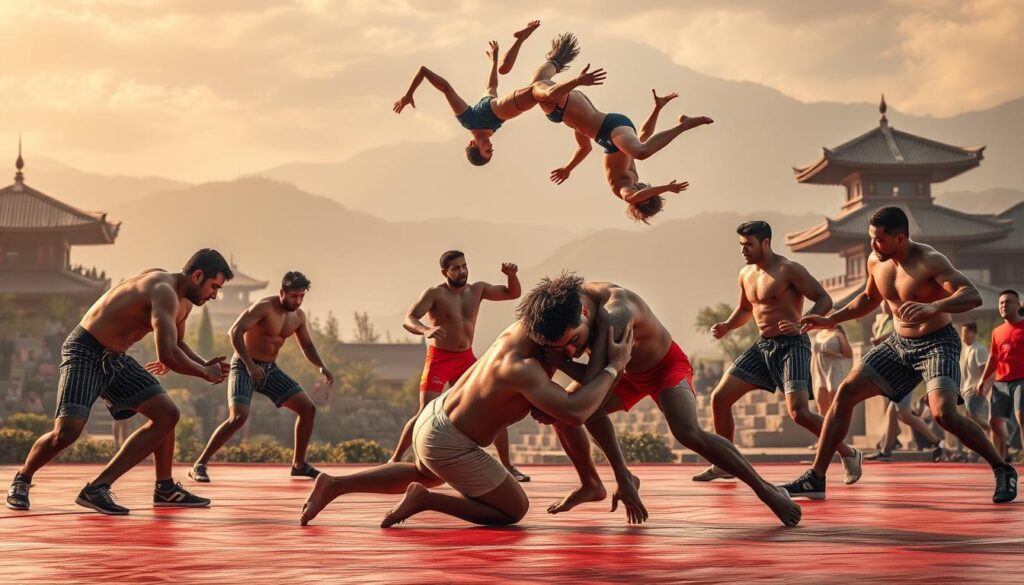 A diverse array of wrestlers from around the world, each embodying the unique wrestling styles and cultural traditions of their respective regions. In the foreground, a grappler from Japan executes a precise, technical submission hold, while their opponent, a powerfully built wrestler from Eastern Europe, resists with brute strength. In the middle ground, two athletes from North America and Latin America exchange a flurry of high-flying acrobatic maneuvers, showcasing the fusion of styles. In the background, a serene landscape blends traditional architectural elements, representing the deep-rooted cultural influences that shape the distinct flavors of global wrestling. Soft, warm lighting bathes the scene, capturing the harmony and interplay of diverse wrestling traditions.