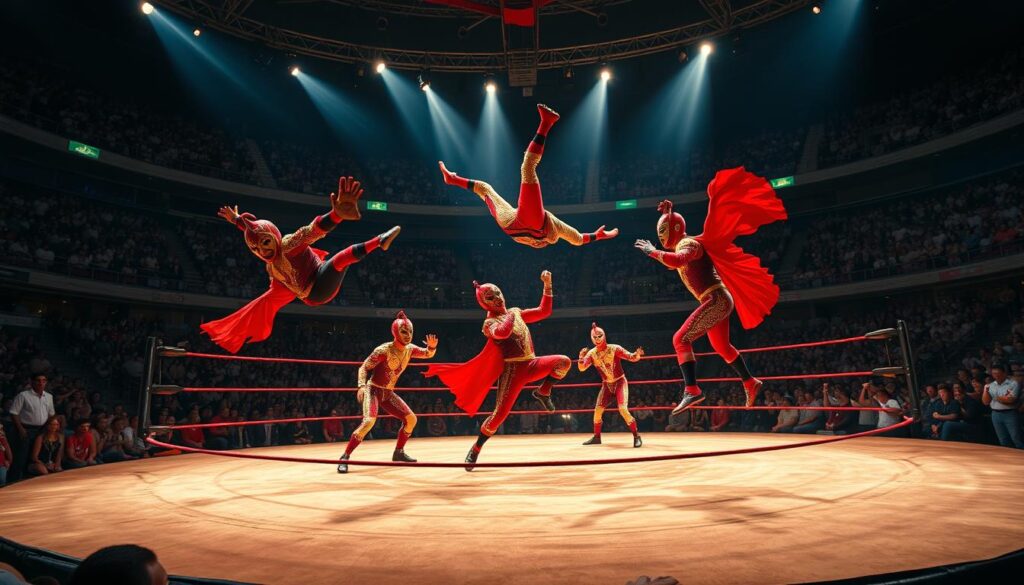 A dynamic lucha libre arena with vibrant luchador wrestlers in the center ring, performing gravity-defying acrobatic moves. Brightly colored masks and costumes in traditional Mexican styles adorn the foreground, while a packed stadium audience in the background cheers on the intense action. Dramatic low-angle lighting casts dramatic shadows, adding to the electrifying atmosphere. The luchadores move with explosive power and grace, capturing the essence of this iconic wrestling tradition.