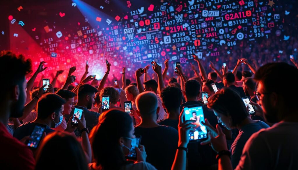 A dynamic social media landscape with wrestling fans passionately engaging online. In the foreground, a diverse group of fans sharing posts, liking, and commenting on the latest matches and storylines. In the middle ground, wrestlers themselves interacting with their global following, building connections and excitement. In the background, a swirling data visualization of hashtags, shares, and viral content, illustrating the exponential growth of wrestling's digital footprint. Vibrant colors, kinetic movement, and a sense of community and shared experience. Lit by the glow of smartphone screens, the scene captures the power of social media to amplify and expand the reach of the wrestling world.