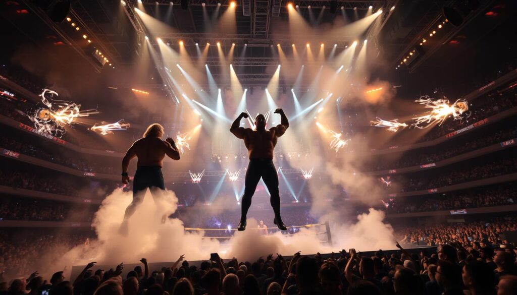 A grand wrestling arena, the stage aglow with dramatic lighting. In the foreground, larger-than-life wrestler silhouettes emerge from billowing smoke, their entrance themes pulsing with energy and anticipation. Swirling energy fields and electrifying visual effects surround them, creating an atmosphere of heightened spectacle and kayfabe. The middle ground showcases the audience, their faces alight with excitement, a sea of cheering fans immersed in the performance. The background depicts the arena's towering architecture, a temple of wrestling where the lines between reality and fiction blur, where the stories of the ring come to life.