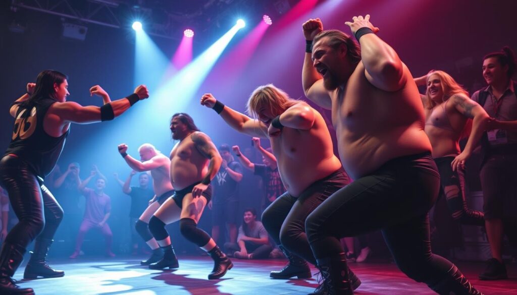 A lively, energetic scene showcasing the dynamic intersection of wrestling and music. In the foreground, larger-than-life wrestlers engage in a theatrical, choreographed performance, their muscular bodies moving in sync with the pulsing beat of a heavy metal or hard rock soundtrack. In the middle ground, adoring fans headbang and pumping their fists, immersed in the electrifying atmosphere. The background features a dimly lit stage, with vibrant stage lighting casting dramatic shadows and highlights across the scene, creating a sense of spectacle and showmanship. The overall mood is one of unbridled excitement, capturing the unique synergy between the worlds of professional wrestling and popular music.