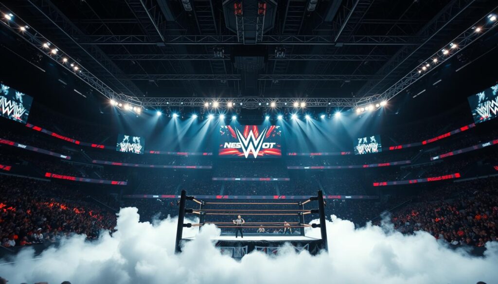A massive, thunderous arena with a grand, illuminated wrestling ring at the center. The stage is adorned with towering video screens, flashing lighting rigs, and a thrilling blend of shadows and spotlights. Smoke billows across the floor as the wrestlers' epic entrance themes reverberate, building an atmosphere of intense anticipation. The camera pans across the scene, capturing the raw energy and drama of this new era of professional wrestling, where legendary icons battle in epic feuds and matches that will define generations.