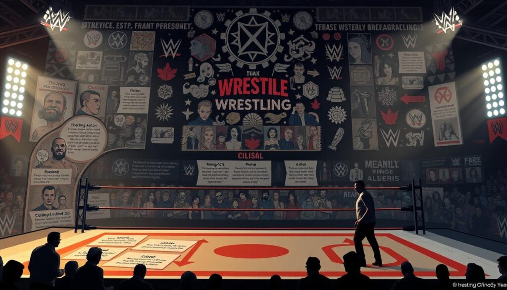 A meticulously detailed analysis of wrestling story structure, captured in a digital illustration. In the foreground, a series of interlocking narrative arcs unfold, tracing the dramatic journey of iconic wrestlers. The middle ground showcases the key story beats - rising action, climax, resolution - visualized through dynamic character poses and expressive facial expressions. In the background, a mosaic of wrestling ring motifs and symbolic iconography sets the stage, evoking the philosophy and ethos of the sport. Lit by dramatic chiaroscuro lighting, the scene conveys the artistic, performative nature of professional wrestling storytelling.
