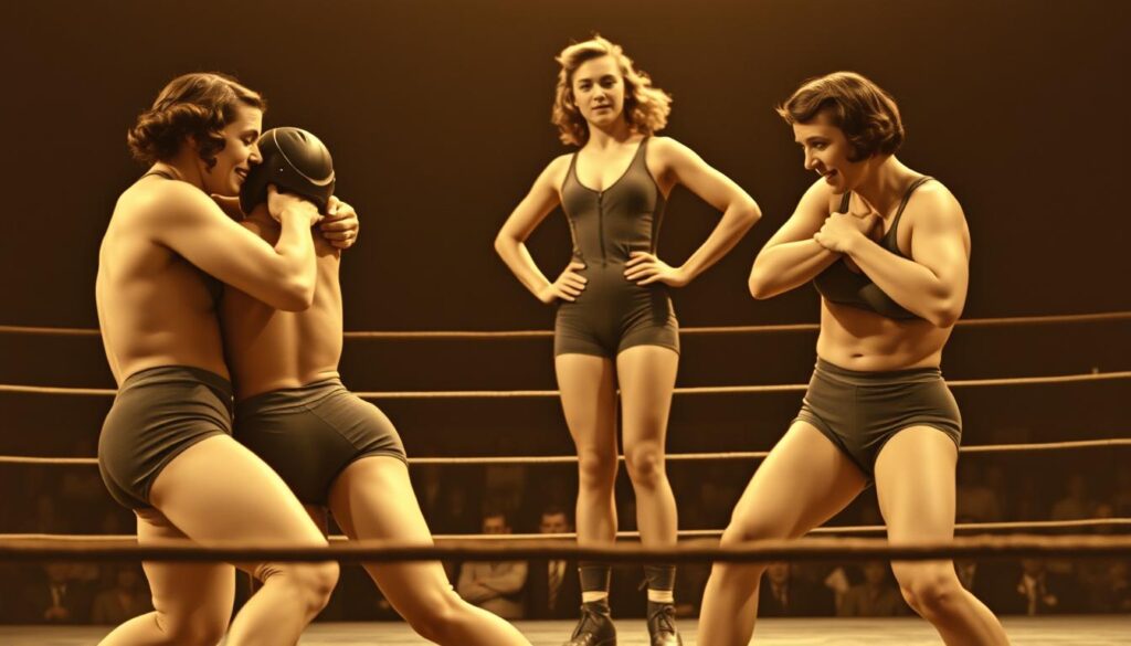 A sepia-toned photograph of three legendary female wrestlers from the 1930s, captured in a classic wrestling ring. In the foreground, two wrestlers grapple intensely, their muscular bodies locked in a fierce embrace. In the middle ground, a third wrestler, clad in a vintage one-piece suit, stands with her hands on her hips, exuding confidence and power. The background is dimly lit, with a sense of drama and excitement, as if capturing a momentous event from a bygone era. The lighting is soft and natural, casting warm shadows and highlights that accentuate the athletes' athletic forms. The camera angle is slightly elevated, giving the viewer a sense of witnessing a historic moment in the rise of women's wrestling.