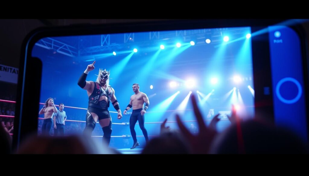 A social media feed displaying contrasting images - in the foreground, a staged, exaggerated wrestling scene with over-the-top costumes and poses; in the background, a more authentic, candid moment showcasing the human side of the performers. The feed is bathed in a neon-tinged, hyper-saturated color palette, evoking the digital, immersive nature of the online experience. The layout features a grid-like structure, mirroring the curated, algorithmic nature of social media. Lens flares, depth of field, and cinematic lighting lend a sense of heightened drama, blurring the line between reality and fiction. The overall mood is one of tension and duality, reflecting the complex interplay between kayfabe and authenticity in the modern wrestling landscape.