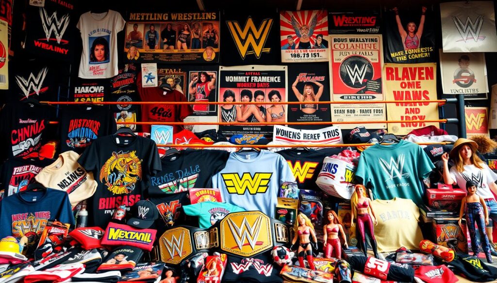 A vast assortment of iconic wrestling merchandise spanning decades, arranged in a visually striking composition. In the foreground, a vibrant collage of vintage T-shirts, championship belts, and action figures from the golden eras of women's wrestling, including the signature designs of Mildred Burke, Chyna, Manami Toyota, Trish Stratus, and Bianca Belair. The middle ground features a dynamic backdrop of wrestling ring ropes, turnbuckles, and retro event posters, capturing the energy and legacy of these trailblazing female superstars. The image is bathed in a warm, nostalgic lighting, evoking a sense of history and celebration of the sport's most iconic women's merchandise.