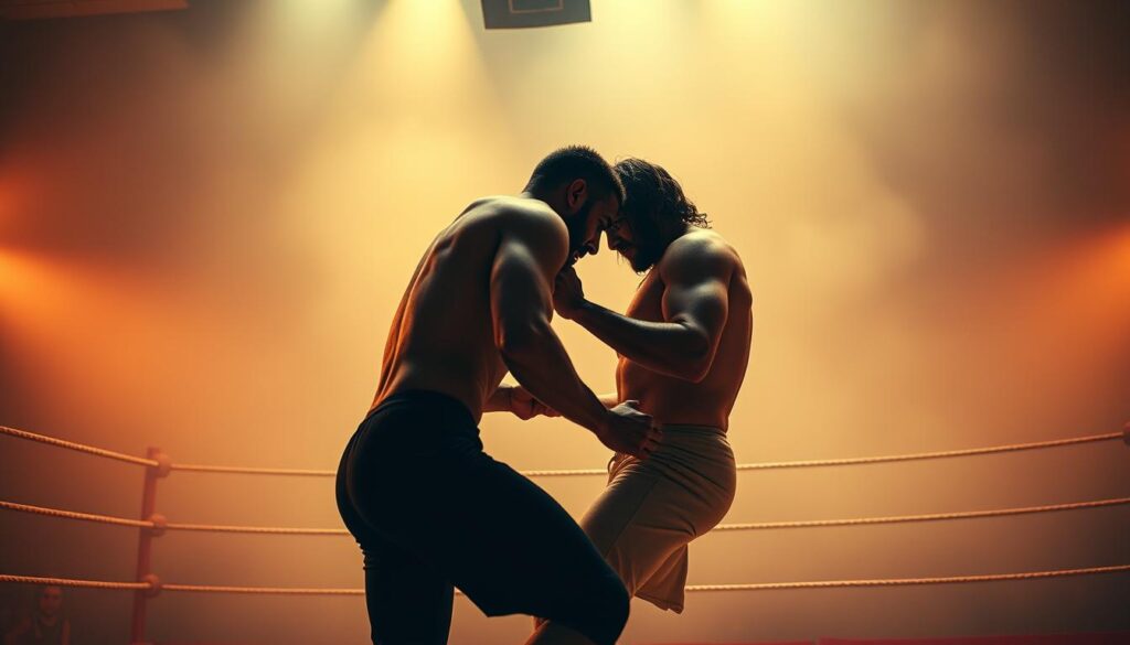 A wrestling ring bathed in a warm, contemplative light. In the foreground, two wrestlers, their movements fluid and graceful, engaged in a philosophical dance - a clash of strength, strategy, and storytelling. Their faces etched with deep concentration, as if grappling with the very nature of reality. The background is hazy, dreamlike, conveying a sense of timelessness and the universal themes explored within the ring. The camera angle is low, capturing the power and elegance of the performers, inviting the viewer to ponder the art and philosophy inherent in this ancient art form.