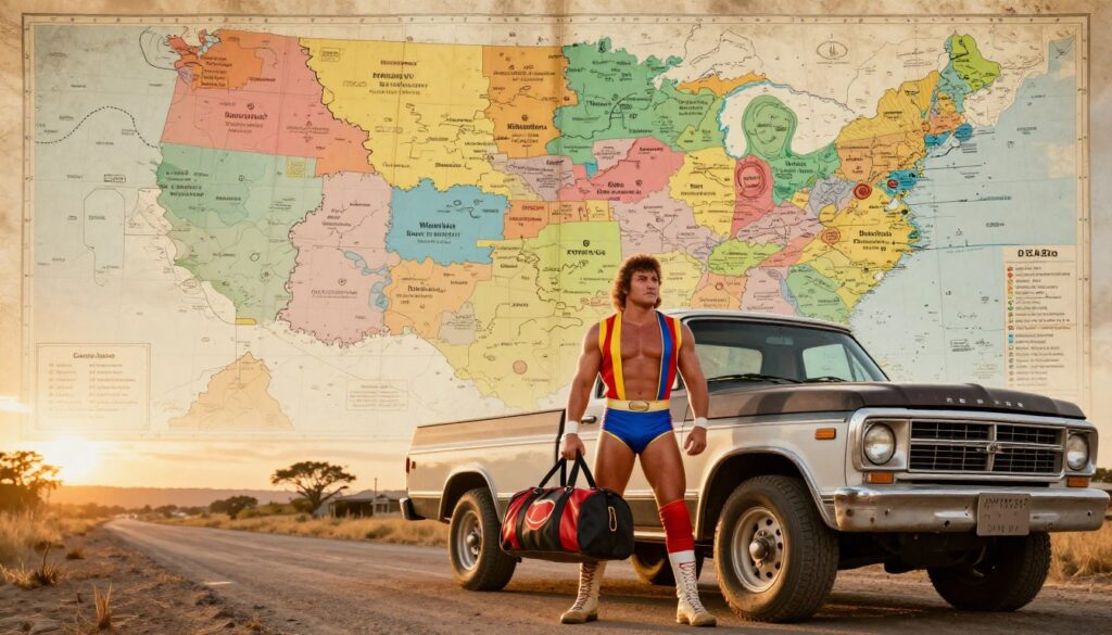 Wrestling territory map and classic wrestler on the road Wrestling territory map and classic wrestler on the road
