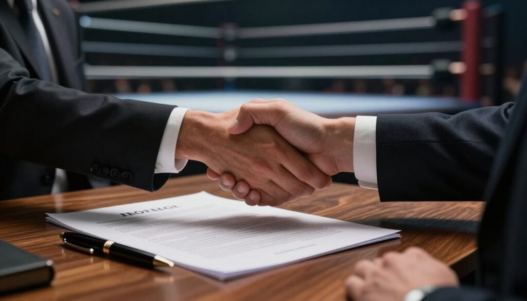 A symbolic image representing a wrestling contract and a handshake, highlighting the business and legal aspects of wrestling contracts A symbolic image representing a wrestling contract and a handshake, highlighting the business and legal aspects of wrestling contracts