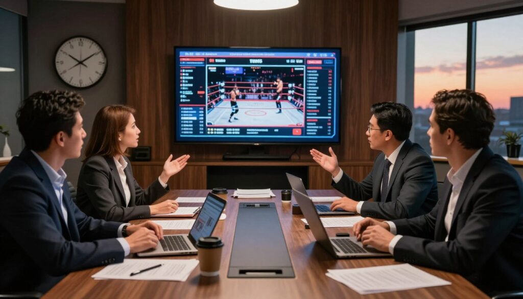 A dramatic conference room setting filled with intense characters analyzing past wrestling match outcomes to predict future events. In the foreground, a diverse group of four people—two men and two women—dressed in professional attire, are passionately discussing strategies, gesturing towards a large digital screen displaying historical match statistics and graphics. The middle layer features a sleek, modern table cluttered with papers, laptops, and coffee cups, reflecting the seriousness of their discussion. In the background, the room is bathed in soft, ambient lighting, casting a warm glow against dark wood paneling. A large wall clock symbolizes the passage of time, while a window shows a sunset, adding to the atmosphere of anticipation and tension. The overall mood is one of focused energy and competitive enthusiasm, embodying the mystique of wrestling events. A dramatic conference room setting filled with intense characters analyzing past wrestling match outcomes to predict future events. In the foreground, a diverse group of four people—two men and two women—dressed in professional attire, are passionately discussing strategies, gesturing towards a large digital screen displaying historical match statistics and graphics. The middle layer features a sleek, modern table cluttered with papers, laptops, and coffee cups, reflecting the seriousness of their discussion. In the background, the room is bathed in soft, ambient lighting, casting a warm glow against dark wood paneling. A large wall clock symbolizes the passage of time, while a window shows a sunset, adding to the atmosphere of anticipation and tension. The overall mood is one of focused energy and competitive enthusiasm, embodying the mystique of wrestling events.