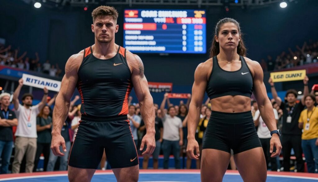 A dramatic scene depicting two rival athletes poised for competition, set in a vibrant sports arena. In the foreground, the first athlete, a muscular male in a sharp, modern sports uniform, stands with intense focus, muscles tensed and eyes narrowed, symbolizing determination. The second athlete, a strong female competitor in a sleek, professional outfit, mirrors this intensity, her posture exuding confidence and readiness. In the middle ground, blurred fans are raising banners in support, adding energy to the atmosphere. The background showcases an illuminated scoreboard blinking with excitement, suggesting a highly anticipated match. The lighting is dynamic, casting shadows that enhance the athletes' features, creating a tense yet electrifying mood, shot from a low angle to emphasize their determination and rivalry. A dramatic scene depicting two rival athletes poised for competition, set in a vibrant sports arena. In the foreground, the first athlete, a muscular male in a sharp, modern sports uniform, stands with intense focus, muscles tensed and eyes narrowed, symbolizing determination. The second athlete, a strong female competitor in a sleek, professional outfit, mirrors this intensity, her posture exuding confidence and readiness. In the middle ground, blurred fans are raising banners in support, adding energy to the atmosphere. The background showcases an illuminated scoreboard blinking with excitement, suggesting a highly anticipated match. The lighting is dynamic, casting shadows that enhance the athletes' features, creating a tense yet electrifying mood, shot from a low angle to emphasize their determination and rivalry.