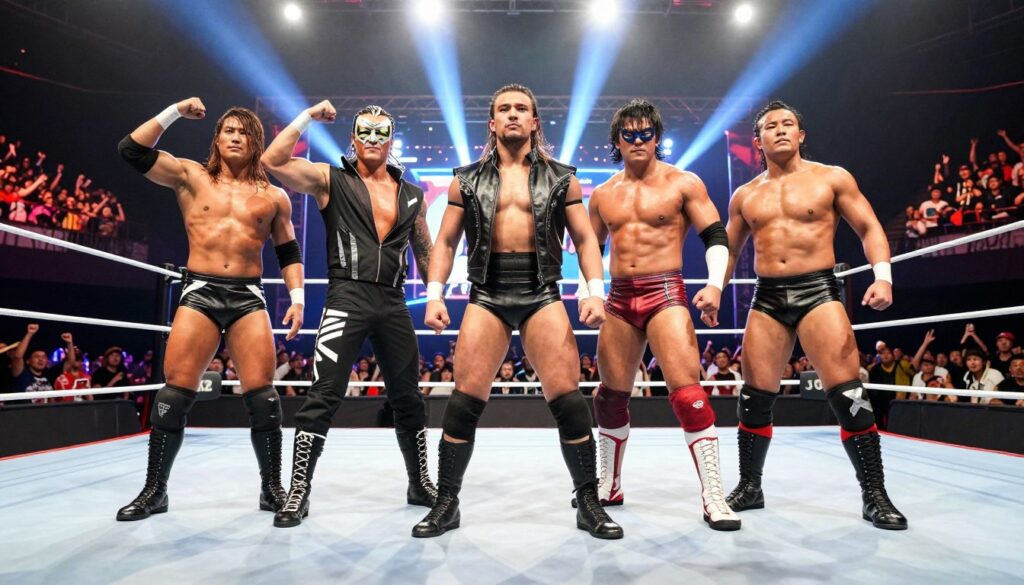 A dramatic scene showcasing dynamic wrestling factions in the foreground, featuring a diverse group of four to six wrestlers in professional wrestling attire. They stand in a powerful pose, exuding courage and unity, with a variety of styles representing different factions: one group in sleek, modern gear, another in vintage wrestling outfits. In the middle ground, a wrestling ring with bright spotlighting creates a vibrant atmosphere, highlighting the action. The background features a vibrant crowd, with raised banners and cheering fans, enhancing the electrifying mood. The lighting is intense and dramatic, casting bold shadows. Capture this scene from a slightly low angle, emphasizing the wrestlers' strength and presence in a high-energy arena. A dramatic scene showcasing dynamic wrestling factions in the foreground, featuring a diverse group of four to six wrestlers in professional wrestling attire. They stand in a powerful pose, exuding courage and unity, with a variety of styles representing different factions: one group in sleek, modern gear, another in vintage wrestling outfits. In the middle ground, a wrestling ring with bright spotlighting creates a vibrant atmosphere, highlighting the action. The background features a vibrant crowd, with raised banners and cheering fans, enhancing the electrifying mood. The lighting is intense and dramatic, casting bold shadows. Capture this scene from a slightly low angle, emphasizing the wrestlers' strength and presence in a high-energy arena.