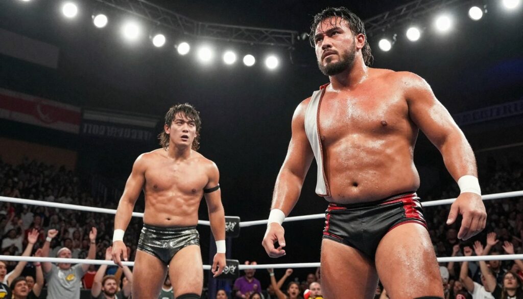 A dramatic wrestling ring illuminated under bright overhead lights, capturing the tense moment right before an unexpected upset. In the foreground, a determined underdog wrestler in a modest and professional outfit stands confidently, with sweat glistening on their brow, exuding focus and resolve. Mid-ground features a competing wrestler, taken by surprise, with an expression of disbelief, showcasing the intensity of the match. The background is filled with a cheering crowd, their hands raised in excitement, reflecting the electric atmosphere. The angle is low, emphasizing the dramatic stakes of the confrontation, while the color scheme is dynamic and vibrant, with shadows adding depth and enhancing the overall mood of anticipation and triumph. A dramatic wrestling ring illuminated under bright overhead lights, capturing the tense moment right before an unexpected upset. In the foreground, a determined underdog wrestler in a modest and professional outfit stands confidently, with sweat glistening on their brow, exuding focus and resolve. Mid-ground features a competing wrestler, taken by surprise, with an expression of disbelief, showcasing the intensity of the match. The background is filled with a cheering crowd, their hands raised in excitement, reflecting the electric atmosphere. The angle is low, emphasizing the dramatic stakes of the confrontation, while the color scheme is dynamic and vibrant, with shadows adding depth and enhancing the overall mood of anticipation and triumph.
