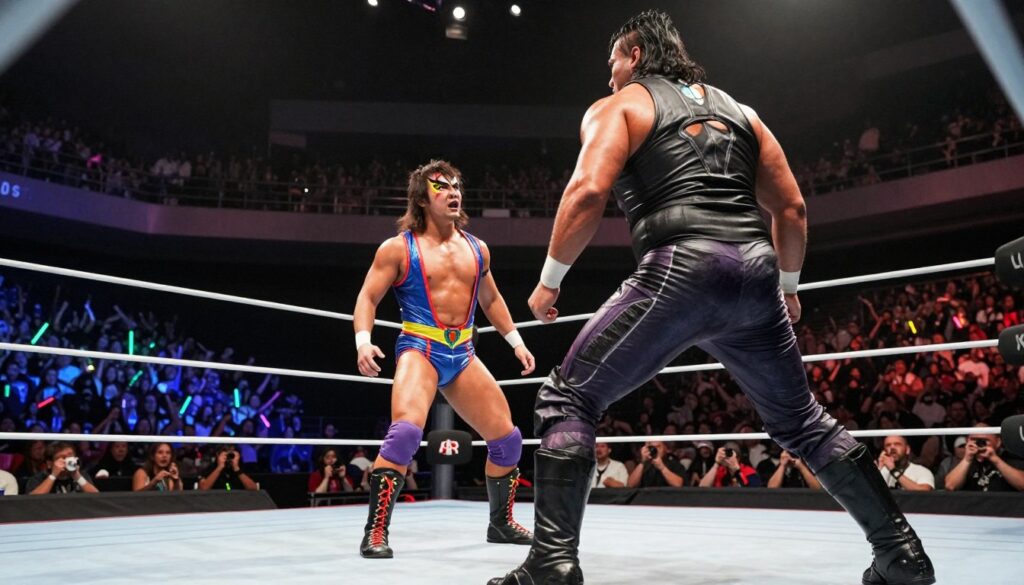 A dramatic wrestling scene in a dimly lit arena, showcasing two wrestling characters in contrasting attire. In the foreground, a muscular wrestler in a sleek, dark outfit, depicting a heel character, with a confident and menacing expression. In the middle ground, a hero character wearing bright, eye-catching colors, displaying a surprised yet determined expression as they face off against the heel. The background features a cheering crowd with colorful lights illuminating the ring, enhancing the tension of the moment. A spotlight casts dramatic shadows, emphasizing the characters' emotions. Capture the intensity and anticipation in the atmosphere, with a low-angle shot that heightens the sense of scale and drama. A dramatic wrestling scene in a dimly lit arena, showcasing two wrestling characters in contrasting attire. In the foreground, a muscular wrestler in a sleek, dark outfit, depicting a heel character, with a confident and menacing expression. In the middle ground, a hero character wearing bright, eye-catching colors, displaying a surprised yet determined expression as they face off against the heel. The background features a cheering crowd with colorful lights illuminating the ring, enhancing the tension of the moment. A spotlight casts dramatic shadows, emphasizing the characters' emotions. Capture the intensity and anticipation in the atmosphere, with a low-angle shot that heightens the sense of scale and drama.