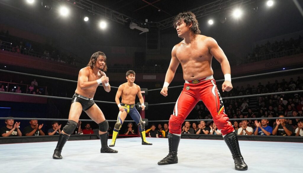A dramatic wrestling scene showcasing several sleeper stars, captured in an indoor wrestling arena with bright spotlights illuminating the ring. In the foreground, a confident underdog wrestler, dressed in vibrant, professional wrestling attire, stands in a dynamic pose, exuding determination. In the middle ground, two other up-and-coming wrestlers prepare for action, showcasing their unique styles and expressions of focus. The background features an excited crowd, clapping and cheering, creating an electric atmosphere. The arena is filled with a warm glow, emphasizing the excitement and anticipation of the match. Utilize a wide-angle lens to capture the full energy of the scene, highlighting the intensity and camaraderie among these future stars. The mood is inspiring and hopeful, reflecting the breakthrough spirit of these dark horse competitors. A dramatic wrestling scene showcasing several sleeper stars, captured in an indoor wrestling arena with bright spotlights illuminating the ring. In the foreground, a confident underdog wrestler, dressed in vibrant, professional wrestling attire, stands in a dynamic pose, exuding determination. In the middle ground, two other up-and-coming wrestlers prepare for action, showcasing their unique styles and expressions of focus. The background features an excited crowd, clapping and cheering, creating an electric atmosphere. The arena is filled with a warm glow, emphasizing the excitement and anticipation of the match. Utilize a wide-angle lens to capture the full energy of the scene, highlighting the intensity and camaraderie among these future stars. The mood is inspiring and hopeful, reflecting the breakthrough spirit of these dark horse competitors.