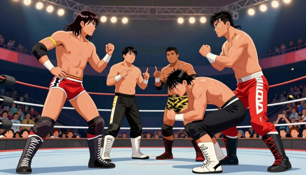 A dynamic illustration of tag match strategies in a wrestling environment. In the foreground, two wrestlers, one with a confident pose and the other preparing for a high-flying move, are dressed in vibrant, professional wrestling attire. The middle ground features their opponents strategizing together, displaying teamwork through hand signals and intense focus. The background captures a classic wrestling ring under bright arena lights, adding a sense of spectacle. The angle should be low, emphasizing the action and synergy among the teams, with a slightly blurred crowd in the background to enhance the energy. The overall mood is electric, showcasing the excitement and tactics of tag team wrestling. A dynamic illustration of tag match strategies in a wrestling environment. In the foreground, two wrestlers, one with a confident pose and the other preparing for a high-flying move, are dressed in vibrant, professional wrestling attire. The middle ground features their opponents strategizing together, displaying teamwork through hand signals and intense focus. The background captures a classic wrestling ring under bright arena lights, adding a sense of spectacle. The angle should be low, emphasizing the action and synergy among the teams, with a slightly blurred crowd in the background to enhance the energy. The overall mood is electric, showcasing the excitement and tactics of tag team wrestling.