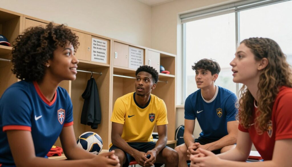 A dynamic scene depicting a diverse group of young leaders in a locker room setting, showcasing vibrant energy and camaraderie. In the foreground, three individuals of different ethnicities—an African American woman, a Hispanic man, and a Caucasian woman—are engaged in a spirited discussion, wearing professional sport attire with team logos. The middle ground features lockers adorned with motivational quotes and a few sports equipment, enhancing the athletic atmosphere. In the background, soft natural light filters through the windows, creating a warm and inviting ambiance, highlighting their determination and vision for leadership. The angle is slightly low, emphasizing their upward trajectory and potential. The overall mood is one of inspiration and unity, reflecting the essence of rising stars with leadership traits. A dynamic scene depicting a diverse group of young leaders in a locker room setting, showcasing vibrant energy and camaraderie. In the foreground, three individuals of different ethnicities—an African American woman, a Hispanic man, and a Caucasian woman—are engaged in a spirited discussion, wearing professional sport attire with team logos. The middle ground features lockers adorned with motivational quotes and a few sports equipment, enhancing the athletic atmosphere. In the background, soft natural light filters through the windows, creating a warm and inviting ambiance, highlighting their determination and vision for leadership. The angle is slightly low, emphasizing their upward trajectory and potential. The overall mood is one of inspiration and unity, reflecting the essence of rising stars with leadership traits.