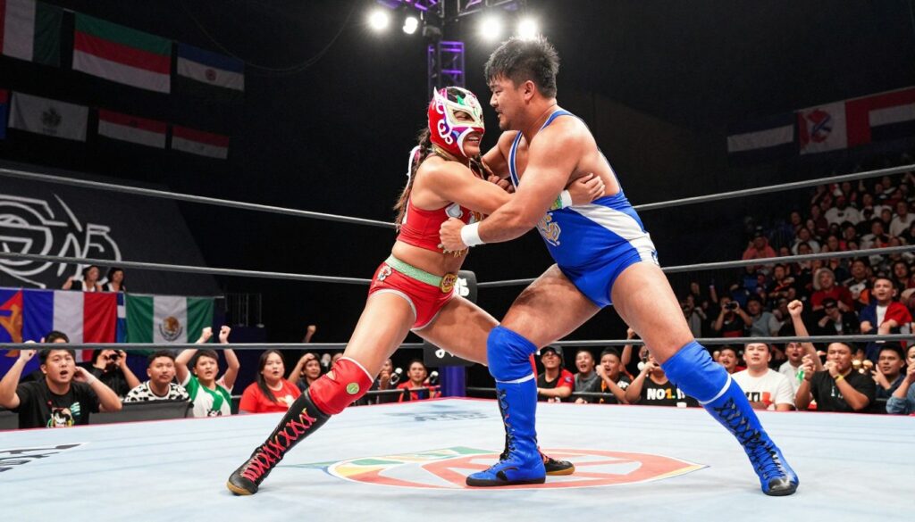 A dynamic scene featuring a group of international wrestlers showcasing their talent and diversity in a wrestling arena. In the foreground, a muscular male wrestler from Japan, dressed in a vibrant blue and white singlet, is engaged in a powerful grapple with a female wrestler from Mexico, who wears a colorful lucha libre mask and a stylish red outfit. The middle ground captures a diverse audience of fans, with banners representing different countries, cheering enthusiastically. The background reveals the bright lights of the arena, casting dramatic shadows, and the iconic wrestling ring, surrounded by ropes and mats. The atmosphere is electric, filled with excitement and energy, emphasizing sportsmanship and unity among global talent. The image features bright, vivid colors with a focus on dramatic lighting to enhance the competition's intensity. A dynamic scene featuring a group of international wrestlers showcasing their talent and diversity in a wrestling arena. In the foreground, a muscular male wrestler from Japan, dressed in a vibrant blue and white singlet, is engaged in a powerful grapple with a female wrestler from Mexico, who wears a colorful lucha libre mask and a stylish red outfit. The middle ground captures a diverse audience of fans, with banners representing different countries, cheering enthusiastically. The background reveals the bright lights of the arena, casting dramatic shadows, and the iconic wrestling ring, surrounded by ropes and mats. The atmosphere is electric, filled with excitement and energy, emphasizing sportsmanship and unity among global talent. The image features bright, vivid colors with a focus on dramatic lighting to enhance the competition's intensity.