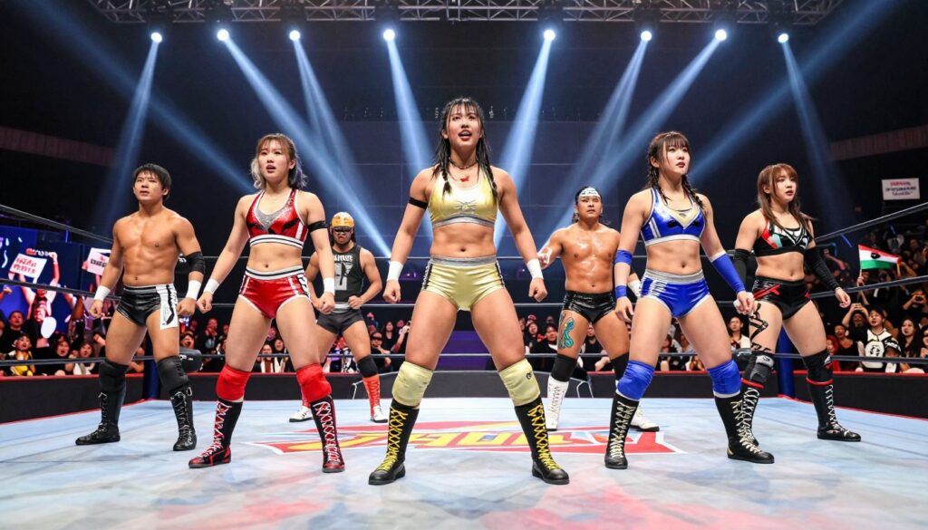 A dynamic scene showcasing future wrestling stars in a vibrant arena, filled with energy and excitement. In the foreground, a diverse group of wrestlers, both male and female, are posed in athletic stances, wearing colorful and dynamic wrestling gear, showcasing their determination and strength. The middle-ground features an enthusiastic crowd, waving banners and holding signs, enhancing the atmosphere of anticipation. The background reveals bright spotlights beaming down from the ceiling, creating a dramatic effect, with vivid colors reflecting off the canvas ring. The lighting is sharp and focused, capturing the intensity of the moment. The image should convey a sense of ambition and readiness for victory, emphasizing the wrestlers as the next big contenders in the wrestling world. A dynamic scene showcasing future wrestling stars in a vibrant arena, filled with energy and excitement. In the foreground, a diverse group of wrestlers, both male and female, are posed in athletic stances, wearing colorful and dynamic wrestling gear, showcasing their determination and strength. The middle-ground features an enthusiastic crowd, waving banners and holding signs, enhancing the atmosphere of anticipation. The background reveals bright spotlights beaming down from the ceiling, creating a dramatic effect, with vivid colors reflecting off the canvas ring. The lighting is sharp and focused, capturing the intensity of the moment. The image should convey a sense of ambition and readiness for victory, emphasizing the wrestlers as the next big contenders in the wrestling world.